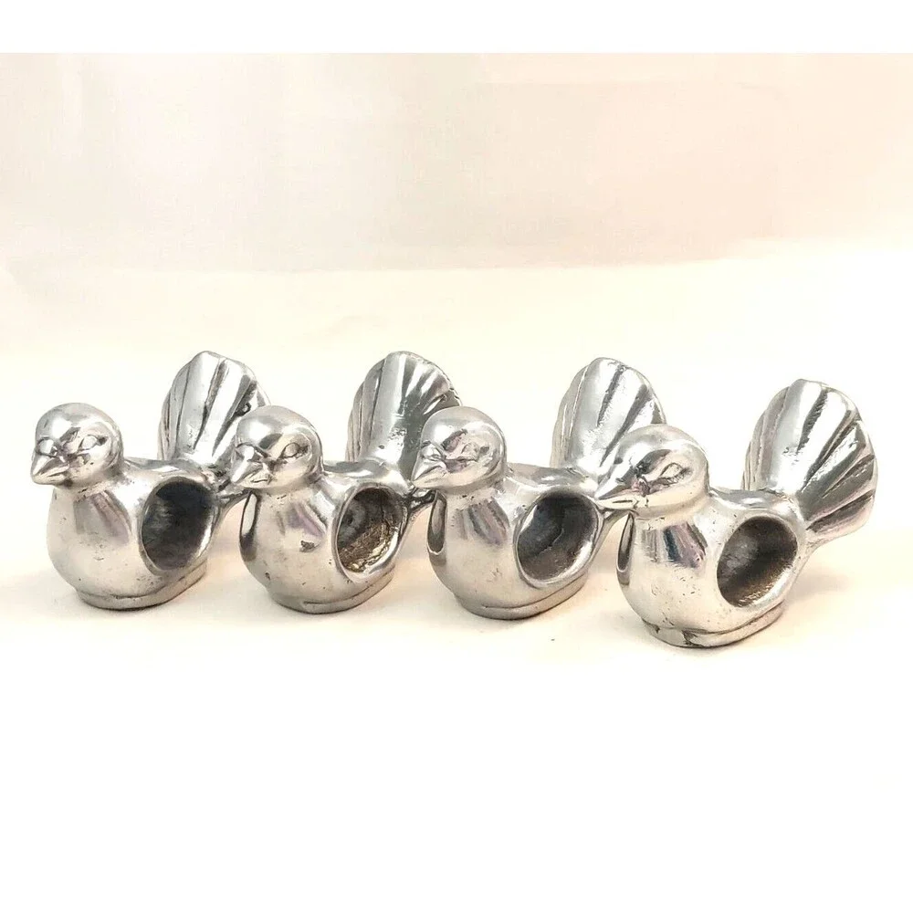 Pewter Birds Chickens Napkin Rings Set Of 4 2” Tall vintage
